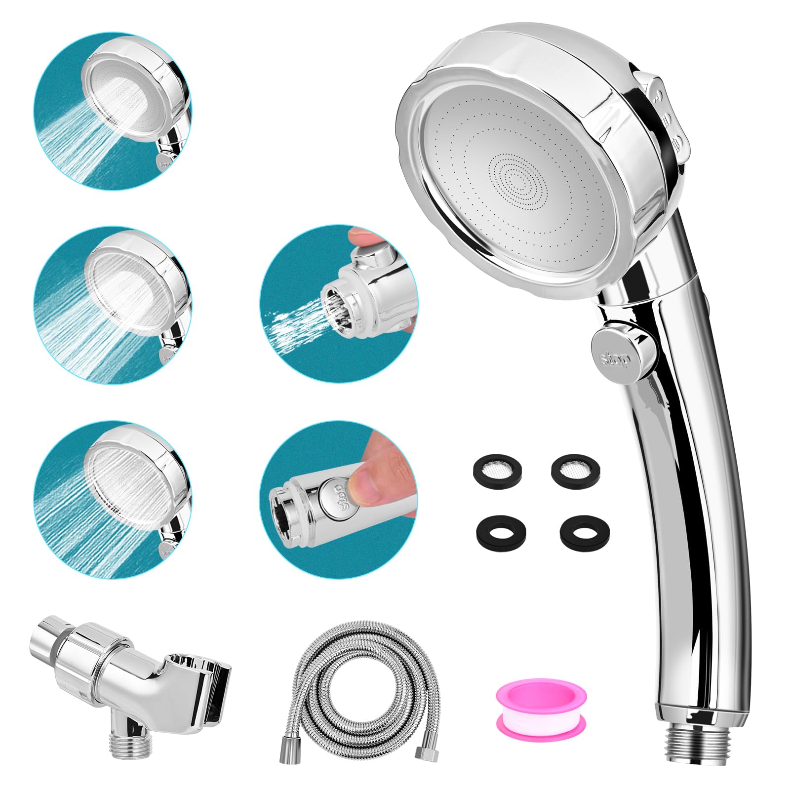 High Pressure Handheld Shower Head with ON/OFF Pause Switch,3 Spray Modes Water Saving Detachable Shower Head with Adjustable Holder and Long Hose,Perfect For Pet Washing&Baby Bath