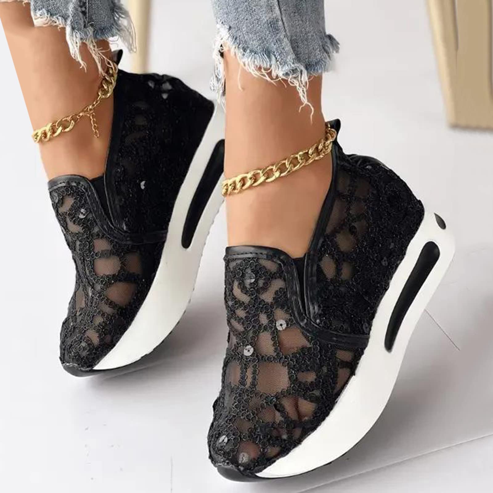 Zrayuler Floral Embroidery Breathable Sheer Sneakers, Spring Lace Mesh Casual Shoes, Fashion Platform Shoes Hidden Wedge Heel High Top Sneakers Arch Support Low Top Play Loafers Women's Casual Shoes