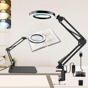 magnifying glass with light and stand, desk lamp with 10x magnifying, 3 color modes, dimmable swivel arm magnifier light for crafts workbench