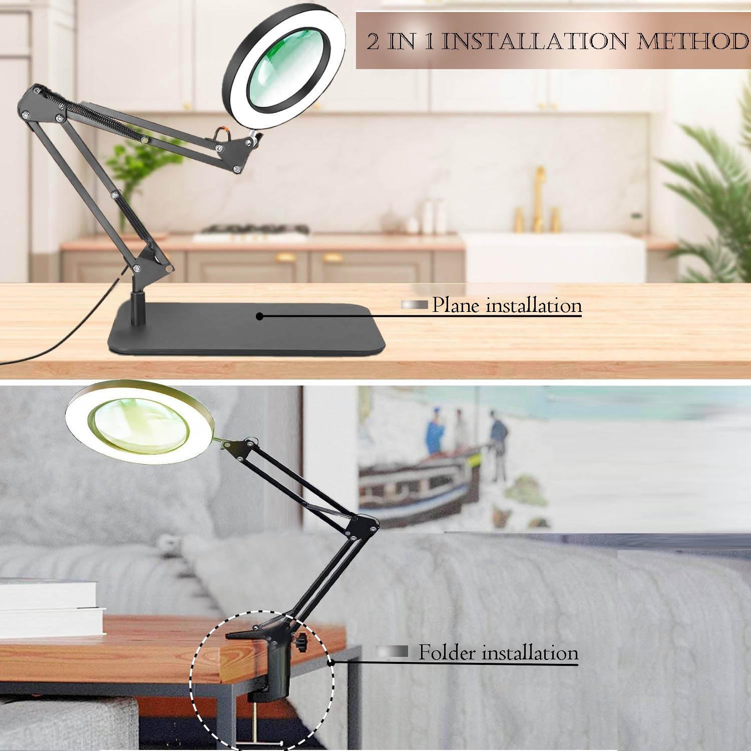 Magnifying Glass with Light and Stand, Desk Lamp with 10X Magnifying, 3 Color Modes, Dimmable Swivel Arm Magnifier Light for Crafts Workbench