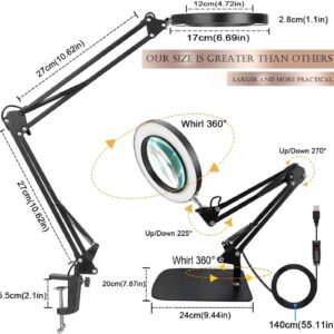 Magnifying Glass with Light and Stand, Desk Lamp with 10X Magnifying, 3 Color Modes, Dimmable Swivel Arm Magnifier Light for Crafts Workbench