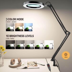 Magnifying Glass with Light and Stand, Desk Lamp with 10X Magnifying, 3 Color Modes, Dimmable Swivel Arm Magnifier Light for Crafts Workbench