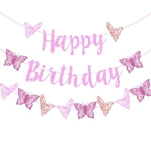 vetwo butterfly birthday decorations pink glitter butterfly happy birthday party banner for spring butterfly themed gender reveal baby shower 1st 2nd 3rd 4th happy birthday party supplies decorations