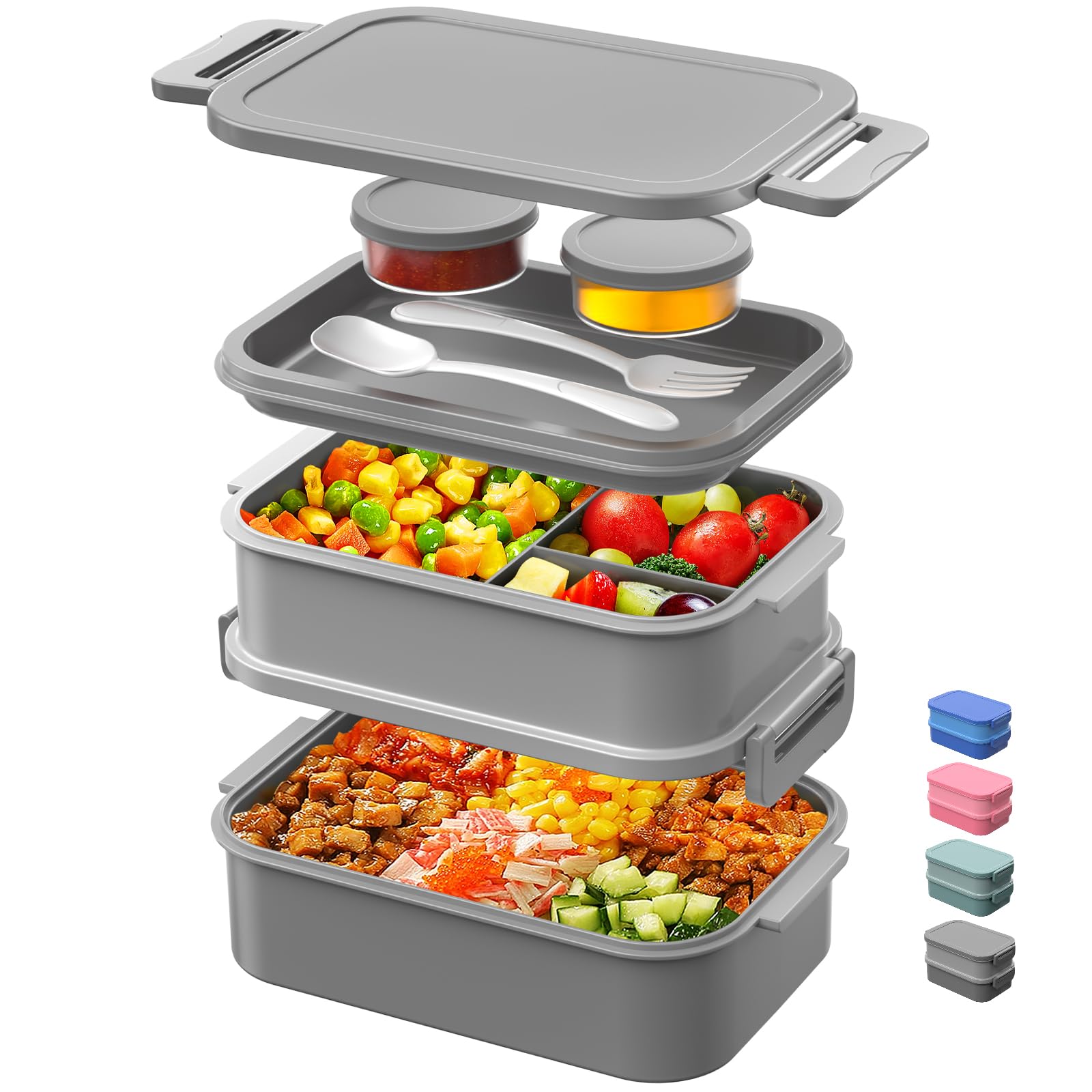 DaCool Adults Lunchbox Bento Box - 74 OZ All-in-One Stackable Lunch Box for Adults Men Women Teens Leakproof Bento Large Lunch Box Containers with Fork Spoon Sauce Box for Dining Out Work School,Grey