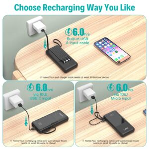 Portable Charger with Built in Cables,10000mAh Slim USB C Power Bank,5 Output 3 Input LED Display High Speed External Battery Pack Travel Phone Charger for iPhone Samsung Pixel LG Moto iPad,Black