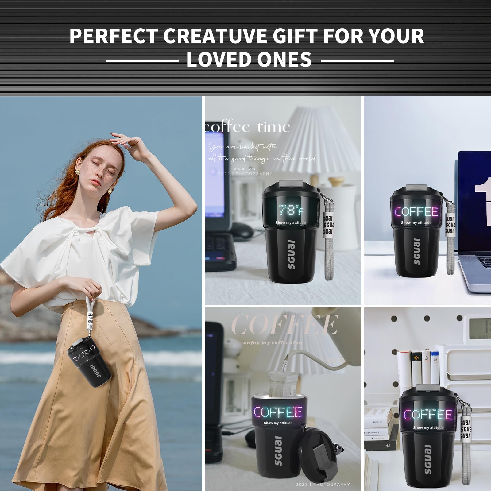 SGUAI Unique Smart Water Bottle - Smart Coffee Cup with LED Temperature & Pixel Display by APP Control, Smart Insulated Novelty Mug Water Flask for Unique Presents, 12oz (Black)