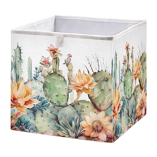 Vnurnrn Cactus Painting Collapsible Cube Storage Bins, Storage Box with Support Board, Foldable Fabric Baskets for Shelf Closet Cabinet