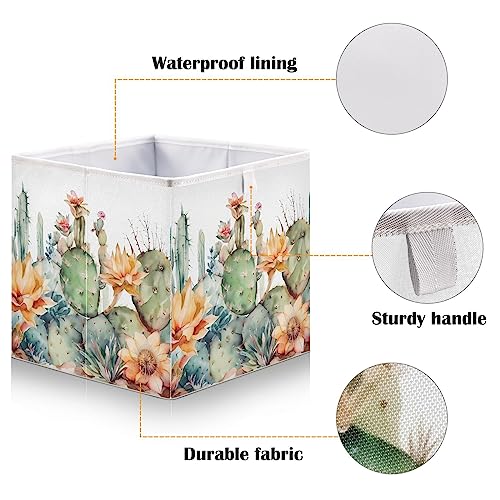 Vnurnrn Cactus Painting Collapsible Cube Storage Bins, Storage Box with Support Board, Foldable Fabric Baskets for Shelf Closet Cabinet