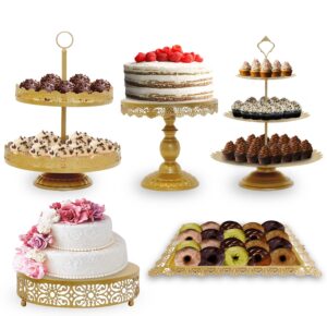tiered cake stand 5 pc. set with 3-tier, 2-tier, and round displays, pedestal dessert stands, and square serving tray platter for cupcakes, pies, cookies, pastries, and snacks