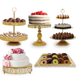 Tiered Cake Stand 5 Pc. Set with 3-Tier, 2-Tier, and Round Displays, Pedestal Dessert Stands, and Square Serving Tray Platter for Cupcakes, Pies, Cookies, Pastries, and Snacks