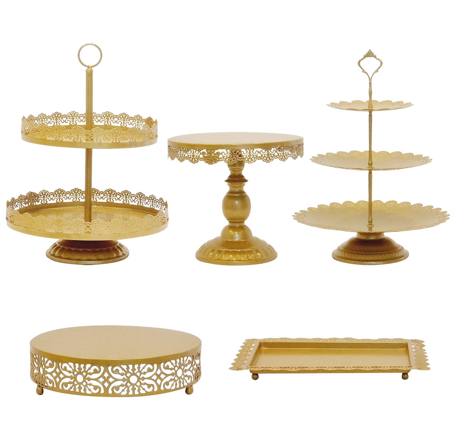 Tiered Cake Stand 5 Pc. Set with 3-Tier, 2-Tier, and Round Displays, Pedestal Dessert Stands, and Square Serving Tray Platter for Cupcakes, Pies, Cookies, Pastries, and Snacks