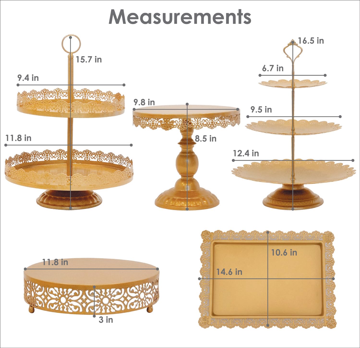 Tiered Cake Stand 5 Pc. Set with 3-Tier, 2-Tier, and Round Displays, Pedestal Dessert Stands, and Square Serving Tray Platter for Cupcakes, Pies, Cookies, Pastries, and Snacks