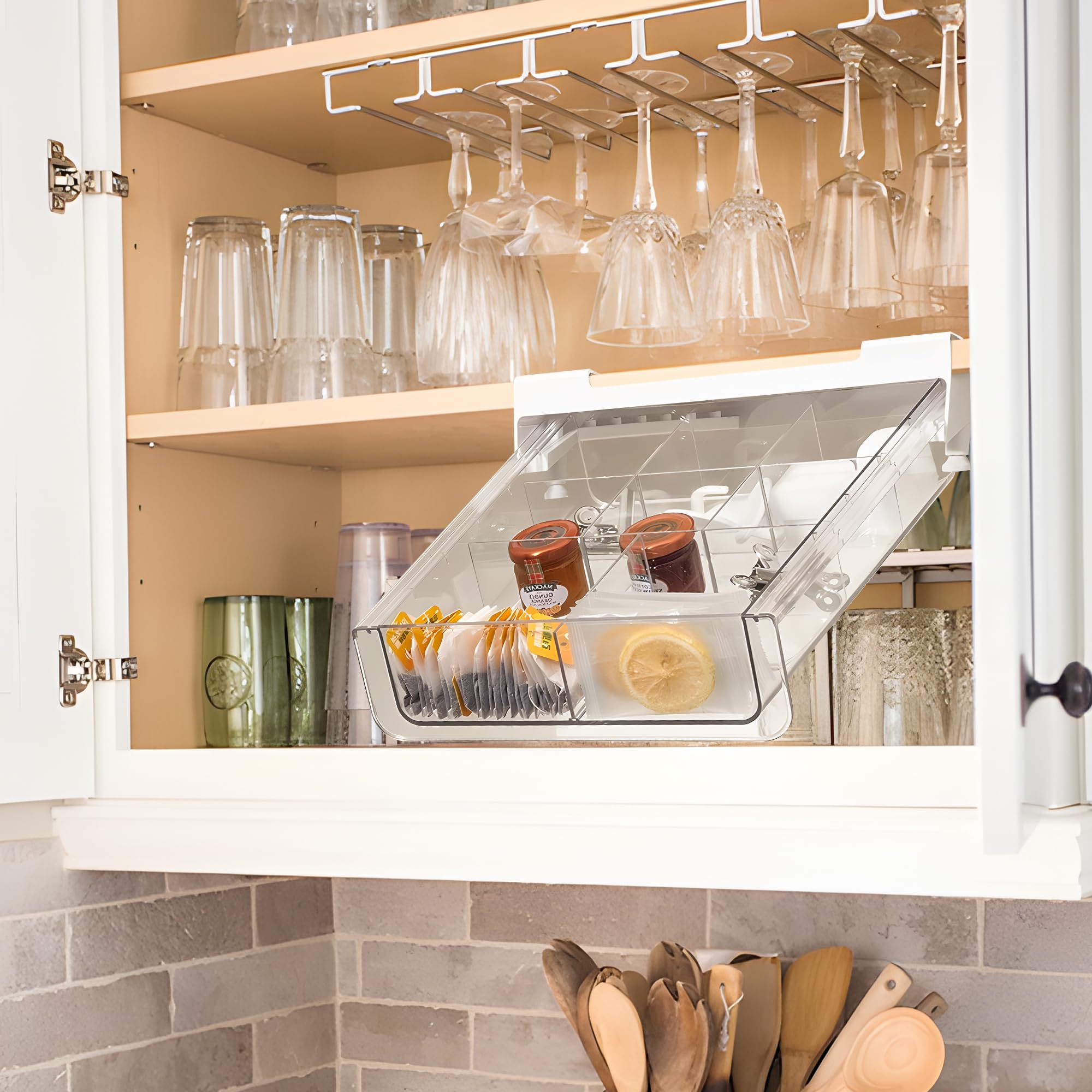Pull Out Under the Shelf Drawer For Kitchen Cabinets | Easy To Install Cabinet Caddy Tea Coffee Cookware Organizer | Convert Your Pantry Shelf With Drawers Adding Storage Space To Your Cupboard.