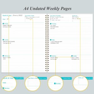 Undated Planner Pro - 8.5" x 11" Weekly & Monthly Planner to Achieve Goals & Increase Productivity, 12 Months Undated Agenda Daily Planner, Start Anytime, Rose Leaf