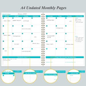 Undated Planner Pro - 8.5" x 11" Weekly & Monthly Planner to Achieve Goals & Increase Productivity, 12 Months Undated Agenda Daily Planner, Start Anytime, Rose Leaf