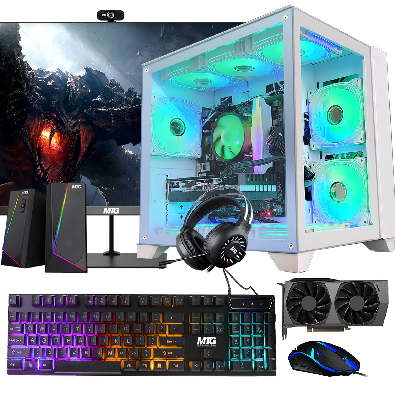 MTG Khuno Gaming Tower PC- Intel Core i7 4th Gen, RTX 3060 12GB 192 Bits, 16GB RGB ARGB Ram, 1TB Nvme, 27 Inch 165HZ Gaming Monitor, Gamer Bundle Combo Webcam, Win 10 Pro