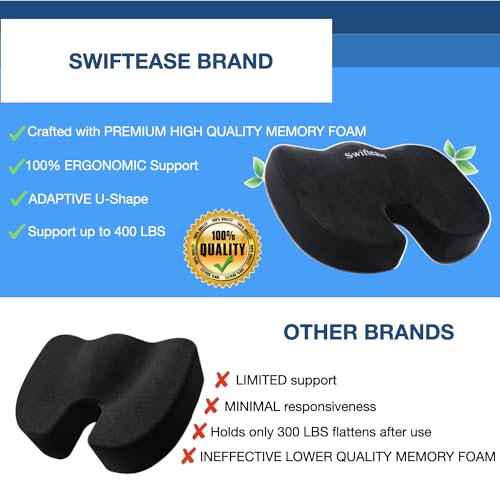 Swiftease Memory Foam Seat Cushion for Chair Long Sitting Hours Office Desk Car Chair Butt Pillow Body Travel Wheelchair Premium Gaming School Pain Relief and Travel Carrying Bag Included