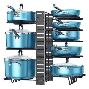 generic 8 tier pot and pan organizer for cabinet - sturdy iron base, easy assembly, 8 adjustable tiers, clears countertops