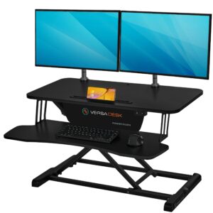 versadesk® powerriser 32 inch electric standing desk converter for dual monitor, laptop workstation with wide keyboard tray, height adjustable sit to stand desk riser, black (black, 32")