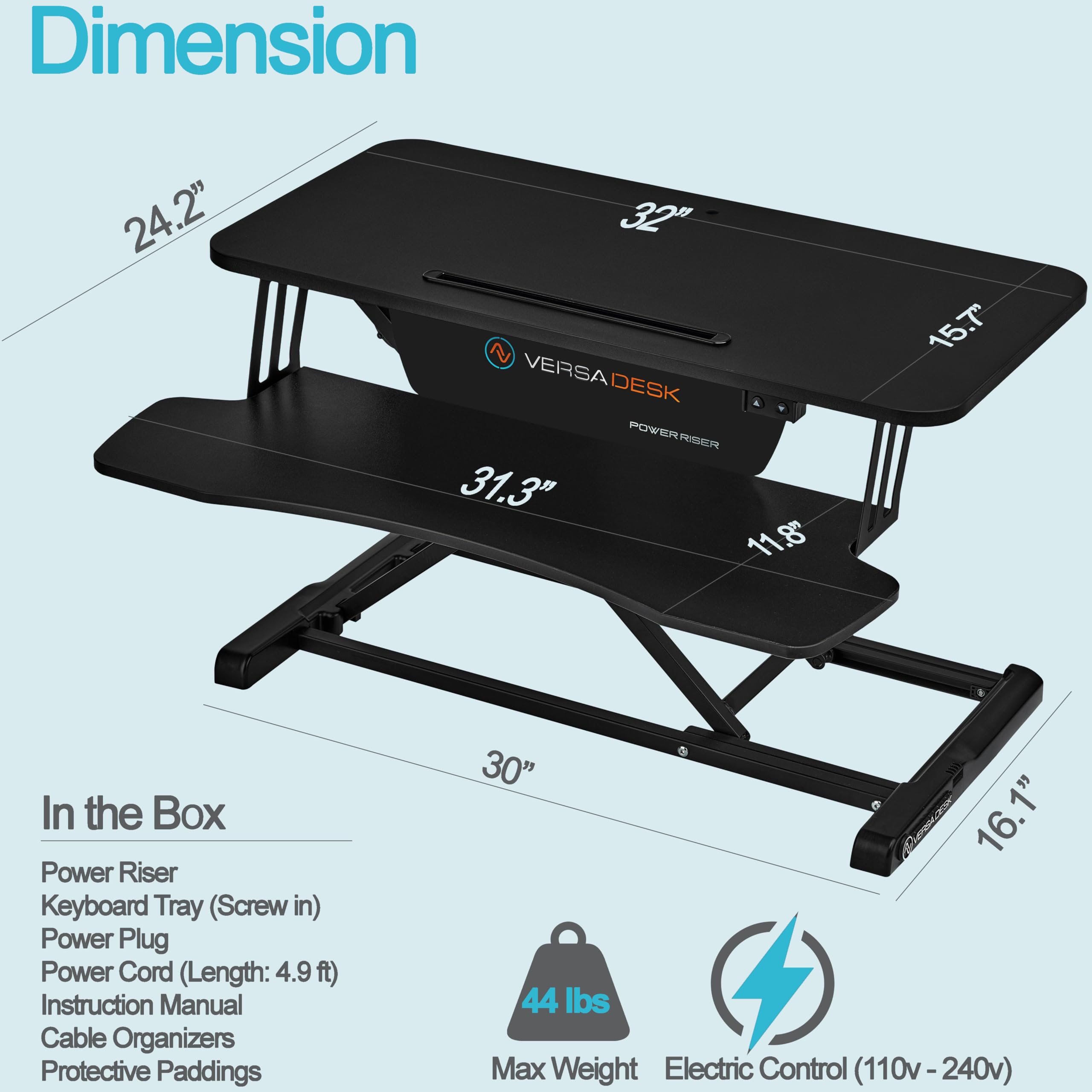 VERSADESK® PowerRiser 32 Inch Electric Standing Desk Converter for Dual Monitor, Laptop Workstation with Wide Keyboard Tray, Height Adjustable Sit to Stand Desk Riser, Black (Black, 32")