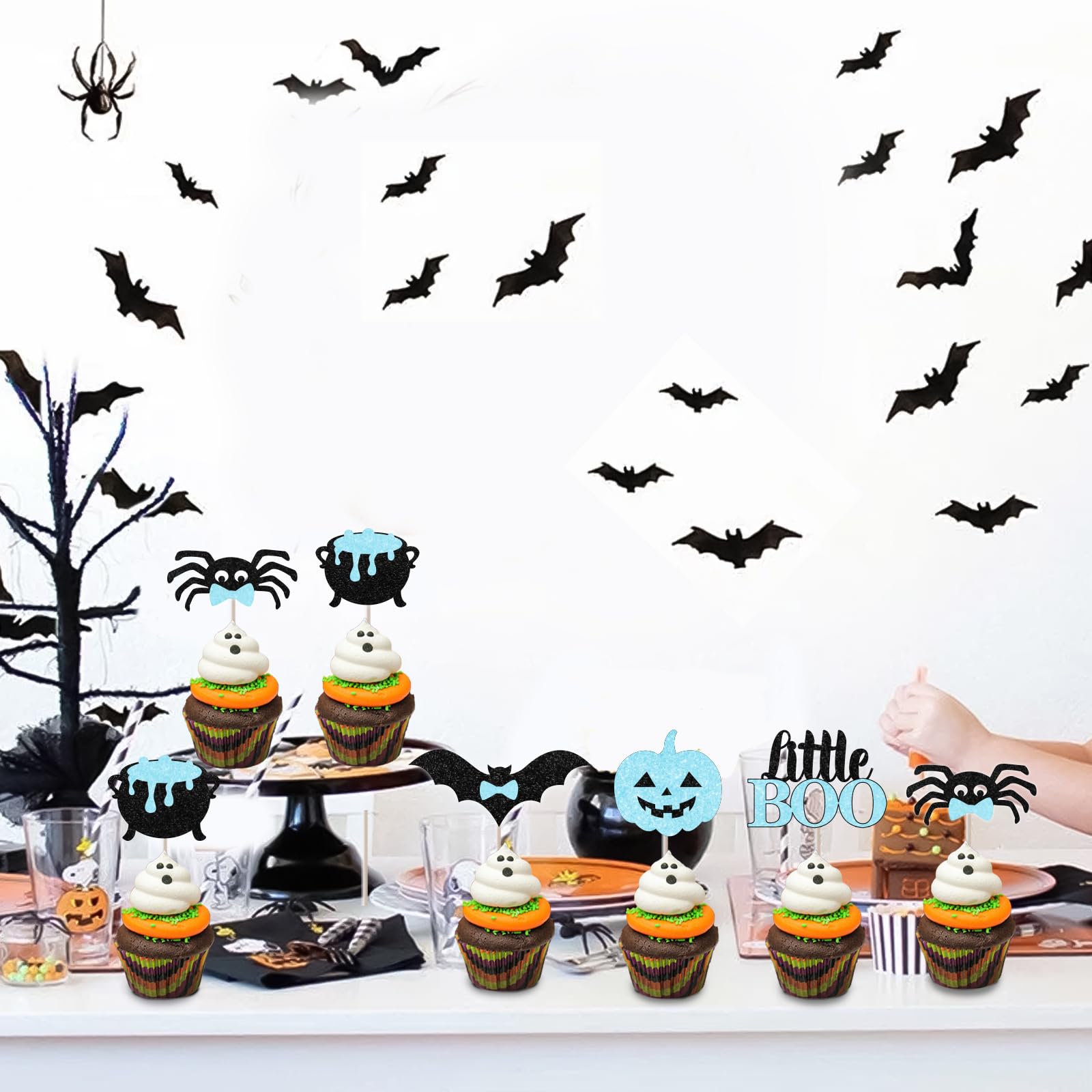 Fangleland Halloween Little Boo Ghost Cupcake Toppers Baby Shower Decorations for Boy, 36Pcs Blue and Black Dessert Table Cupcake Toppers Decors Gender Reveal Birthday Party Favor Supplies