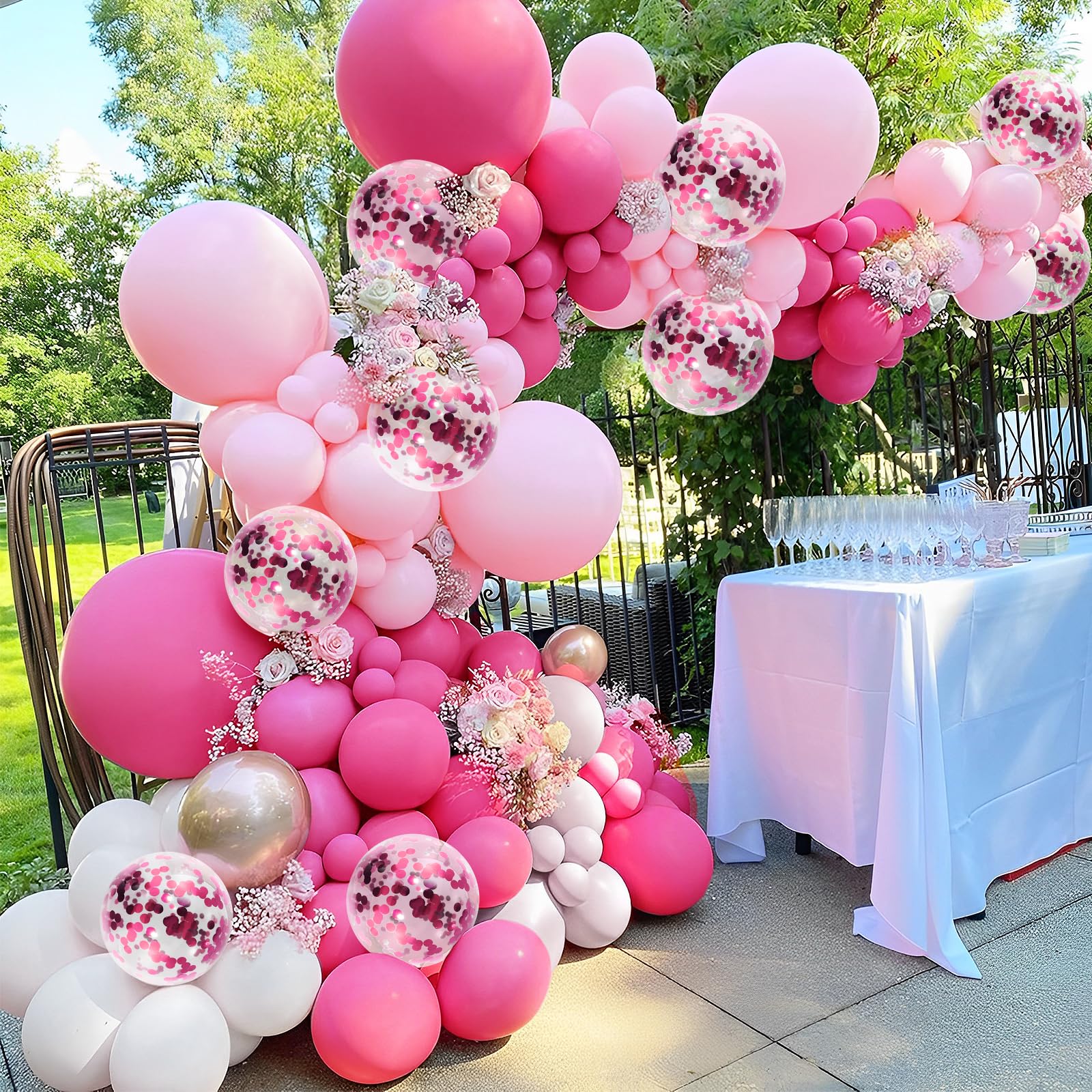 146 Pieces Rose Pink Balloon Garland Arch Kit Hot Pink Balloon Garland Kit White Balloons for Wedding Party Princess Theme Birthday Bridal Shower Decorations