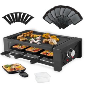 tamarit raclette party grill portable indoor electric korean bbq grill 2 in 1 raclette table grill with ceramic nonstick coating grill plate 4 pizza pans 8 cheese trays upper & lower heater, pfas-free