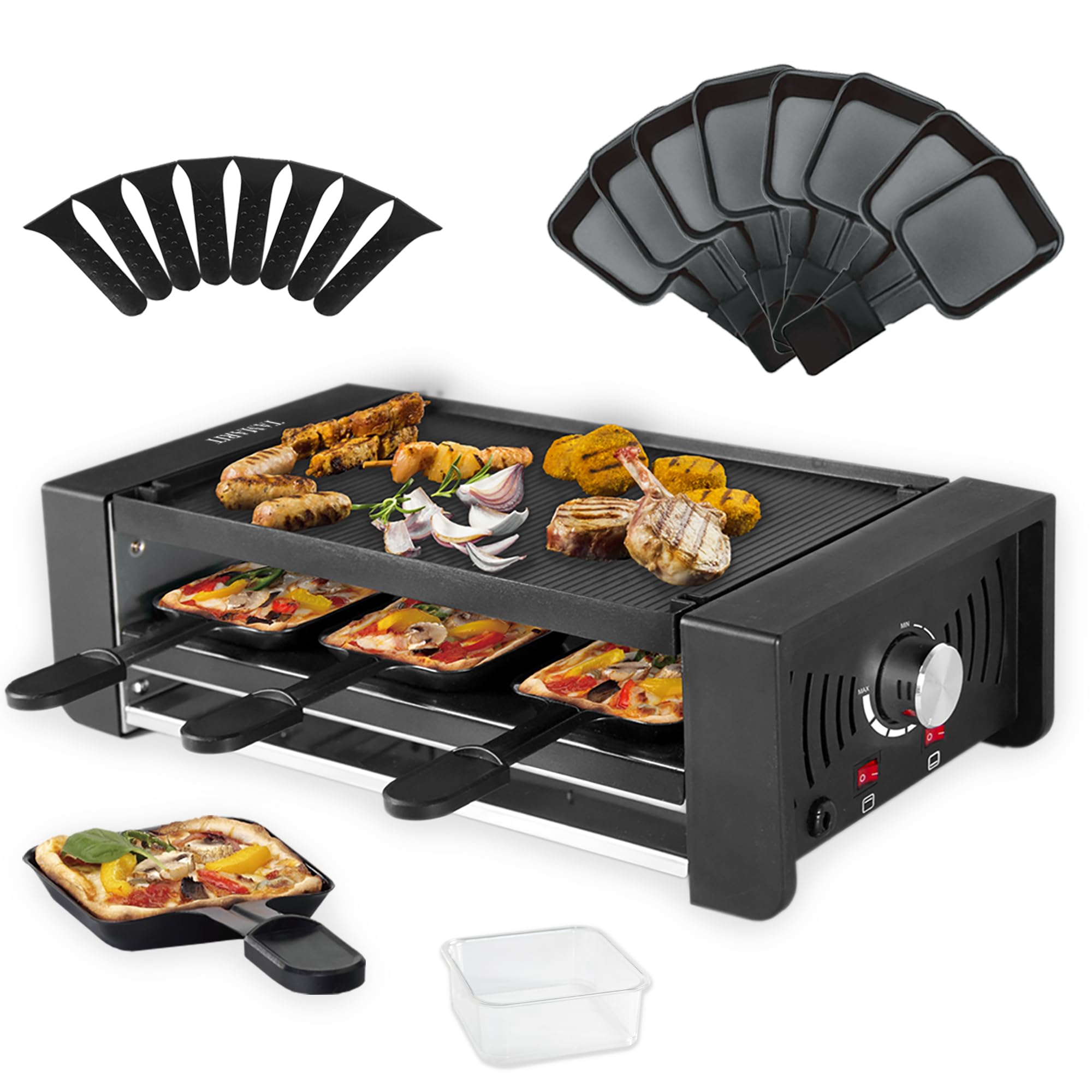 TAMARIT Raclette Party Grill Portable Indoor Electric Korean BBQ Grill 2 in 1 Raclette Table Grill with Ceramic Nonstick Coating Grill Plate 4 Pizza Pans 8 Cheese Trays Upper & Lower Heater, PFAS-Free