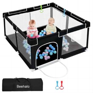 beehalo baby playpen baby playard, playpen for babies and toddlers with gate, indoor & outdoor kids activity center with anti-slip base,sturdy safety play yard with soft breathable mesh(black,50”×50”)