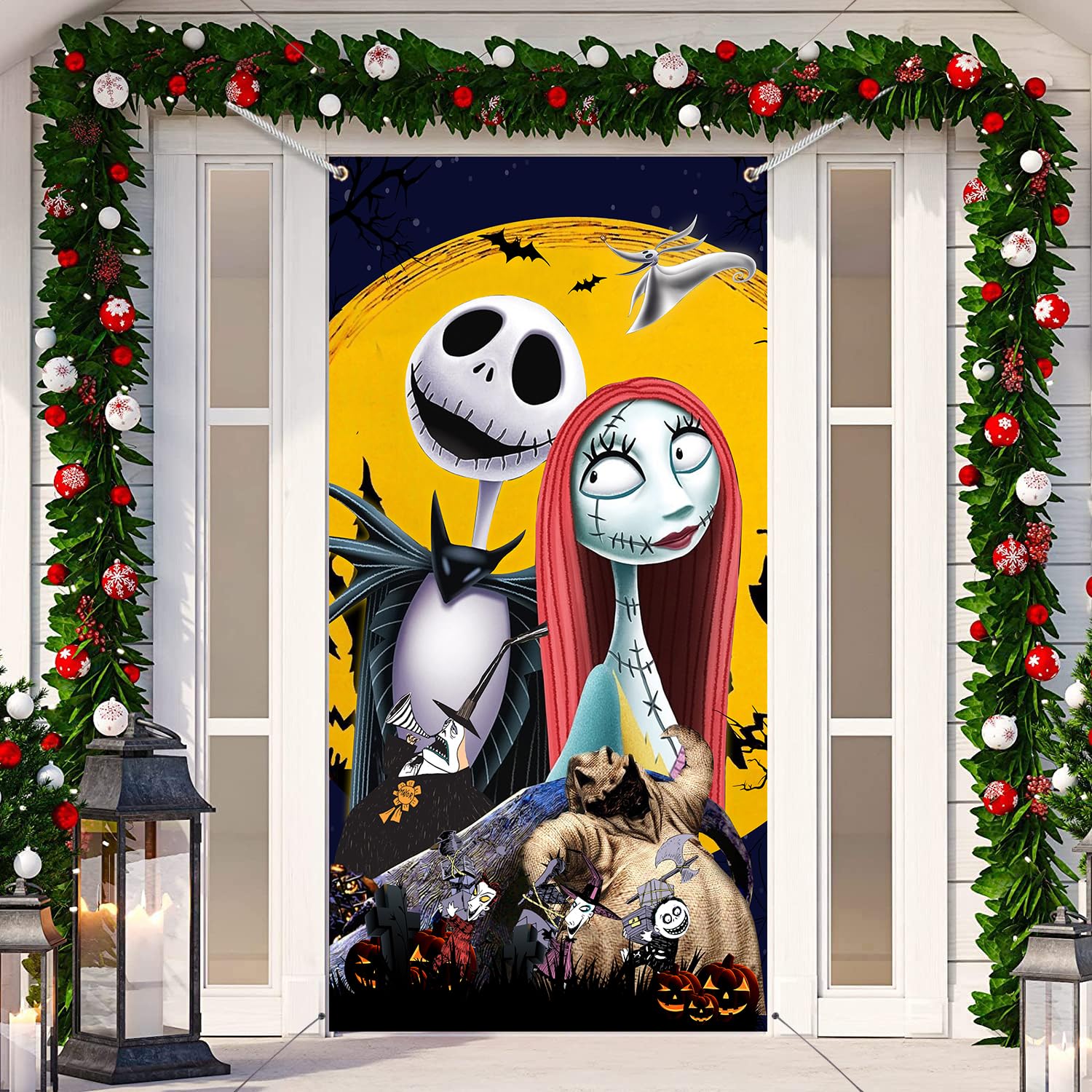 Christmas Decorations Door Cover Banner Jack Skelington Christmas Door Decorations Movie Theme Indoor Outside Door Hanging Backdrop for Welcome Front Door Halloween Decor