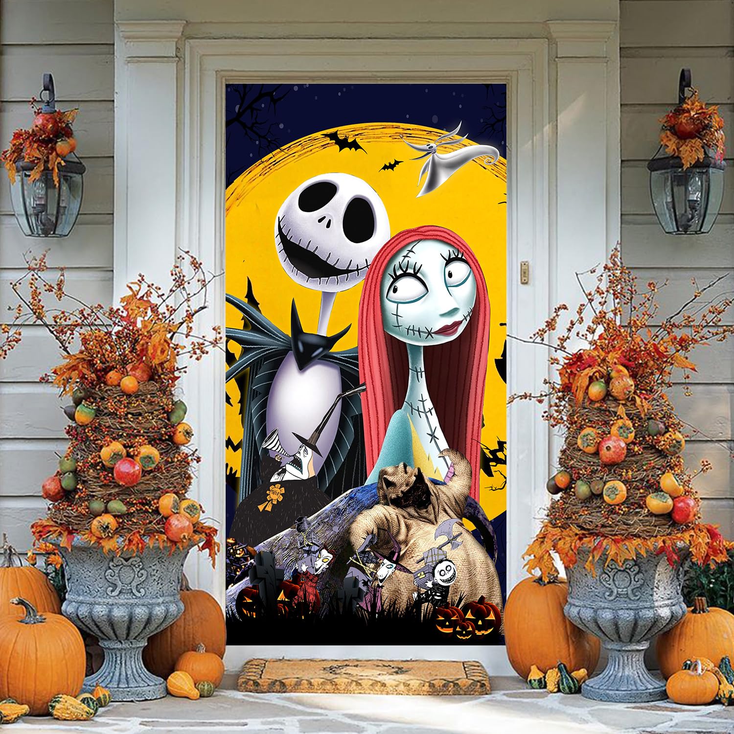 Christmas Decorations Door Cover Banner Jack Skelington Christmas Door Decorations Movie Theme Indoor Outside Door Hanging Backdrop for Welcome Front Door Halloween Decor