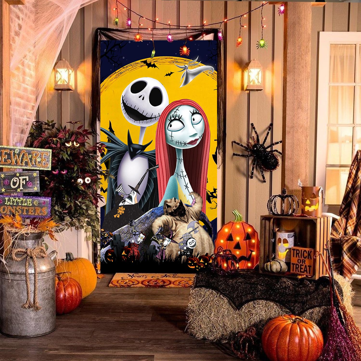 Christmas Decorations Door Cover Banner Jack Skelington Christmas Door Decorations Movie Theme Indoor Outside Door Hanging Backdrop for Welcome Front Door Halloween Decor