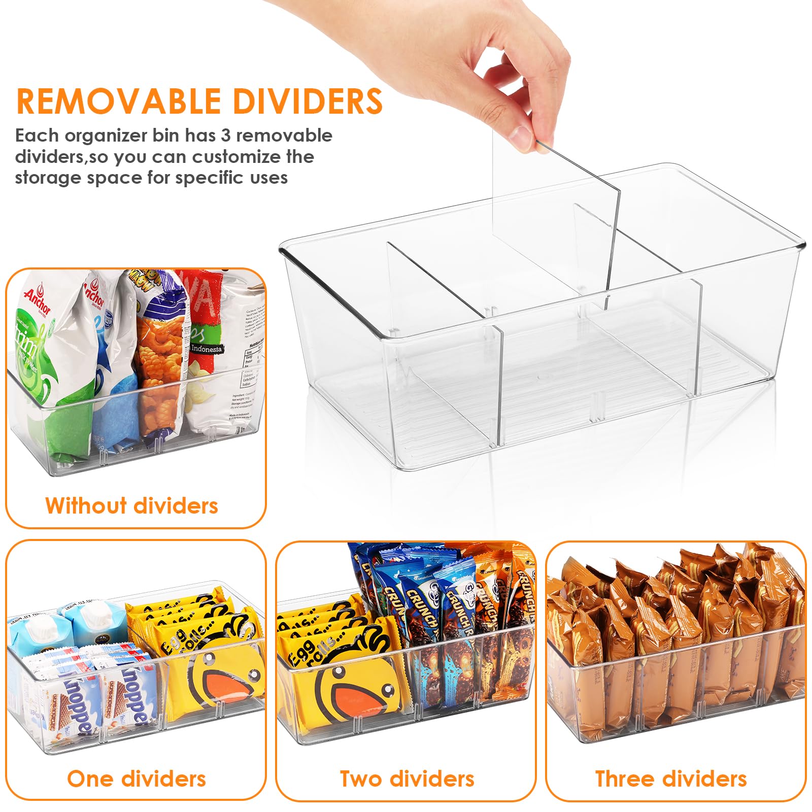 Pantry Organizers and Storage, Hronta 4 Pack Clear Storage Bins for Kitchen, Fridge, Cabinet Organization, 4 Compartment Organizer Bins for Snacks, Pouches, Spice Packets, Tea Bags