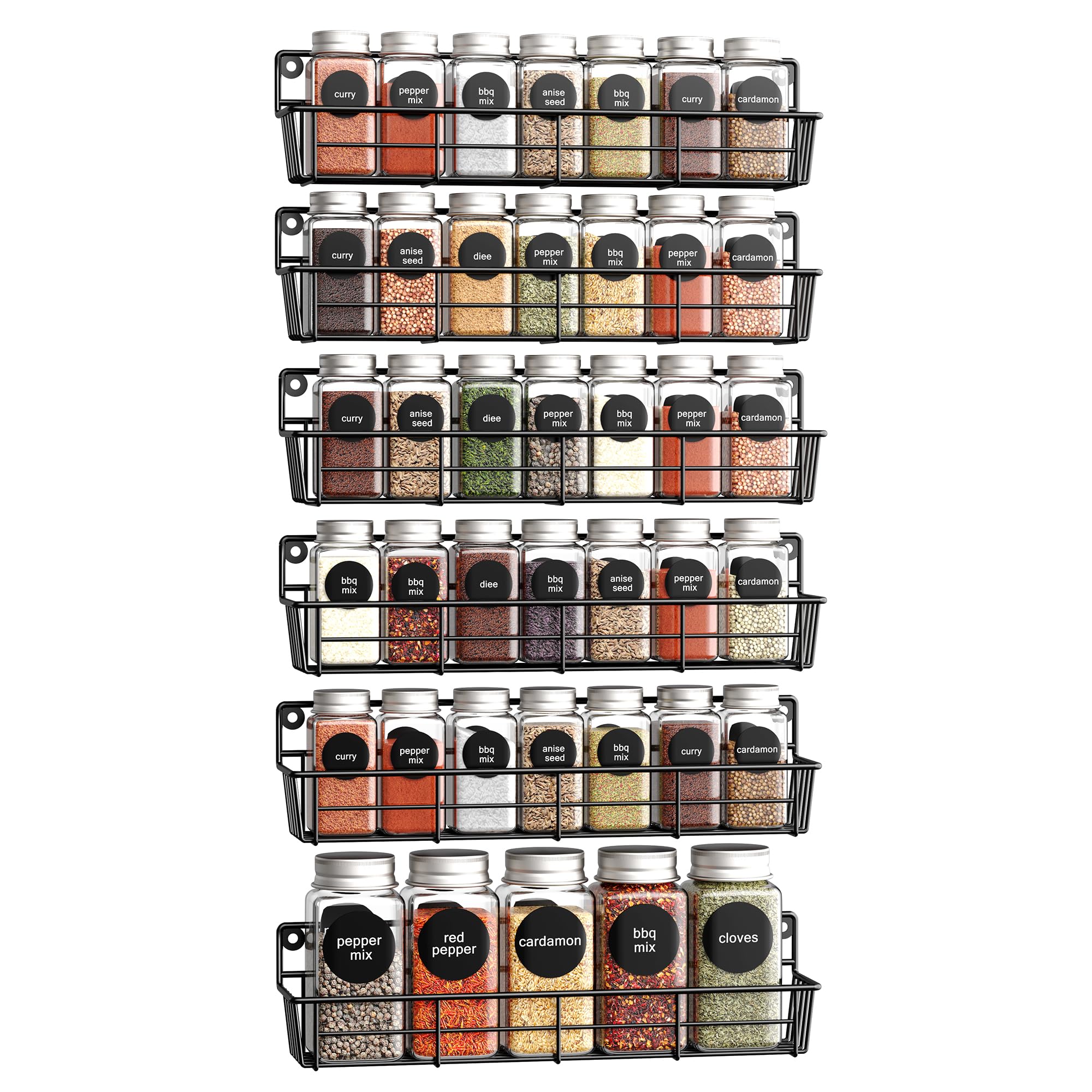 Mystozer Spice Rack Organizer Wall Mount, Hanging Spice Pantry Storage Shelf Organization, Set of 6 Space Saver Seasoning Racks for Kitchen Cabinet, Door or Pantry, Black