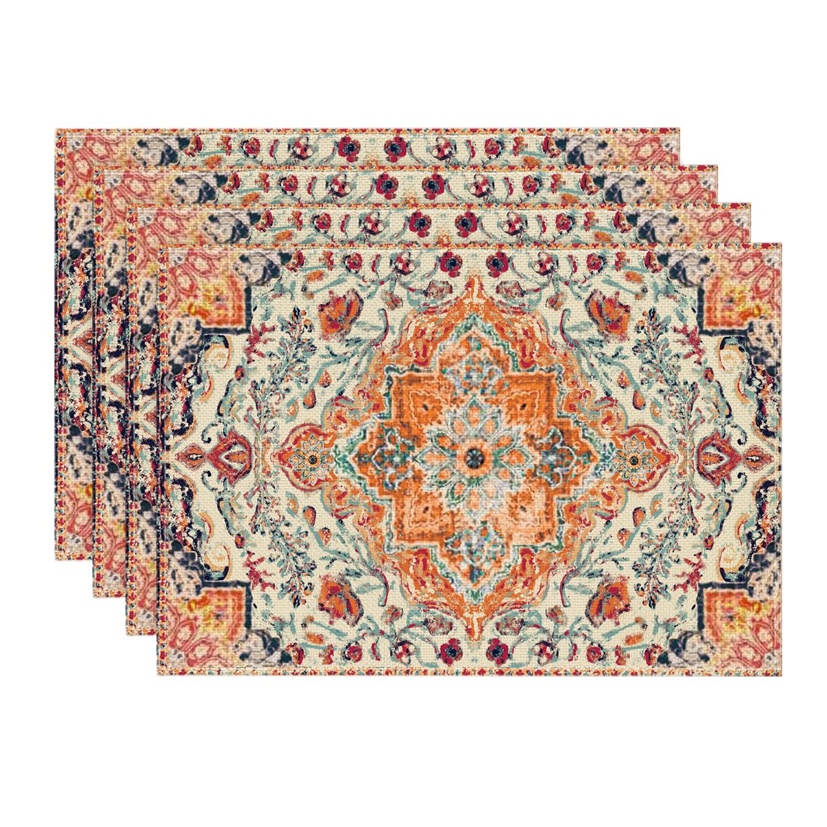 Artoid Mode Boho Placemats Set of 4, Daily Orange Teal Flowes Bohemia Table Mats for Home Party Dining Decoration 12x18 Inch