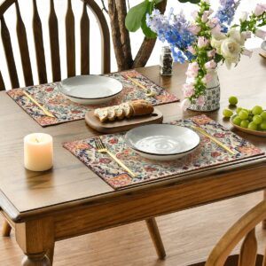 Artoid Mode Boho Placemats Set of 4, Daily Orange Teal Flowes Bohemia Table Mats for Home Party Dining Decoration 12x18 Inch