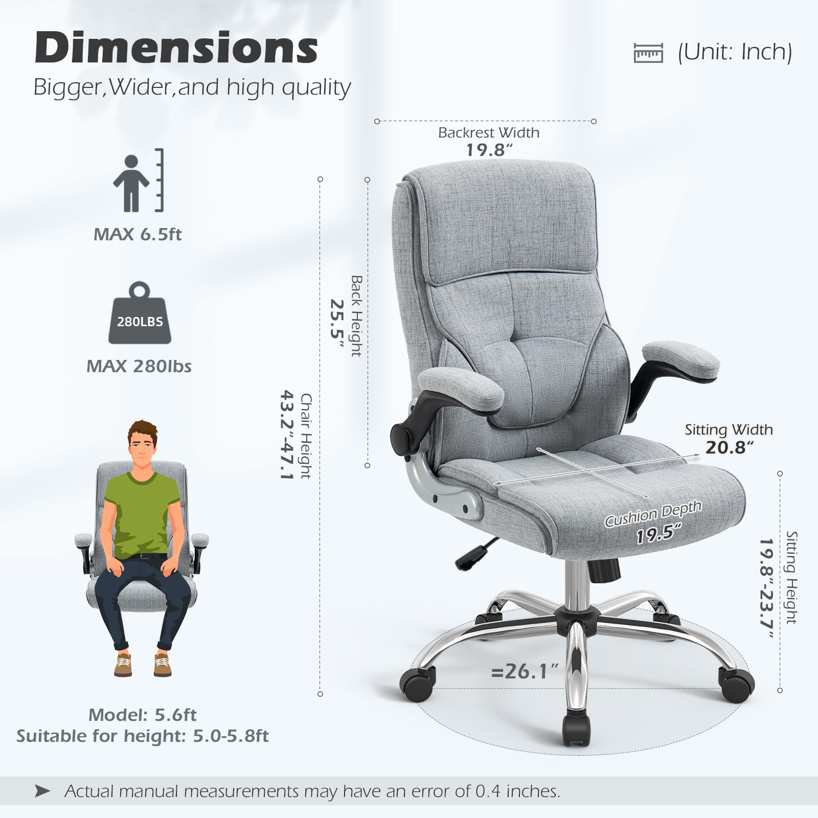 YAMASORO Ergonomic Executive Office Chair with Wheels,Linen Fabric Home Office Desk Chairs, High Back Computer Chairs with Lumbar Support,Grey