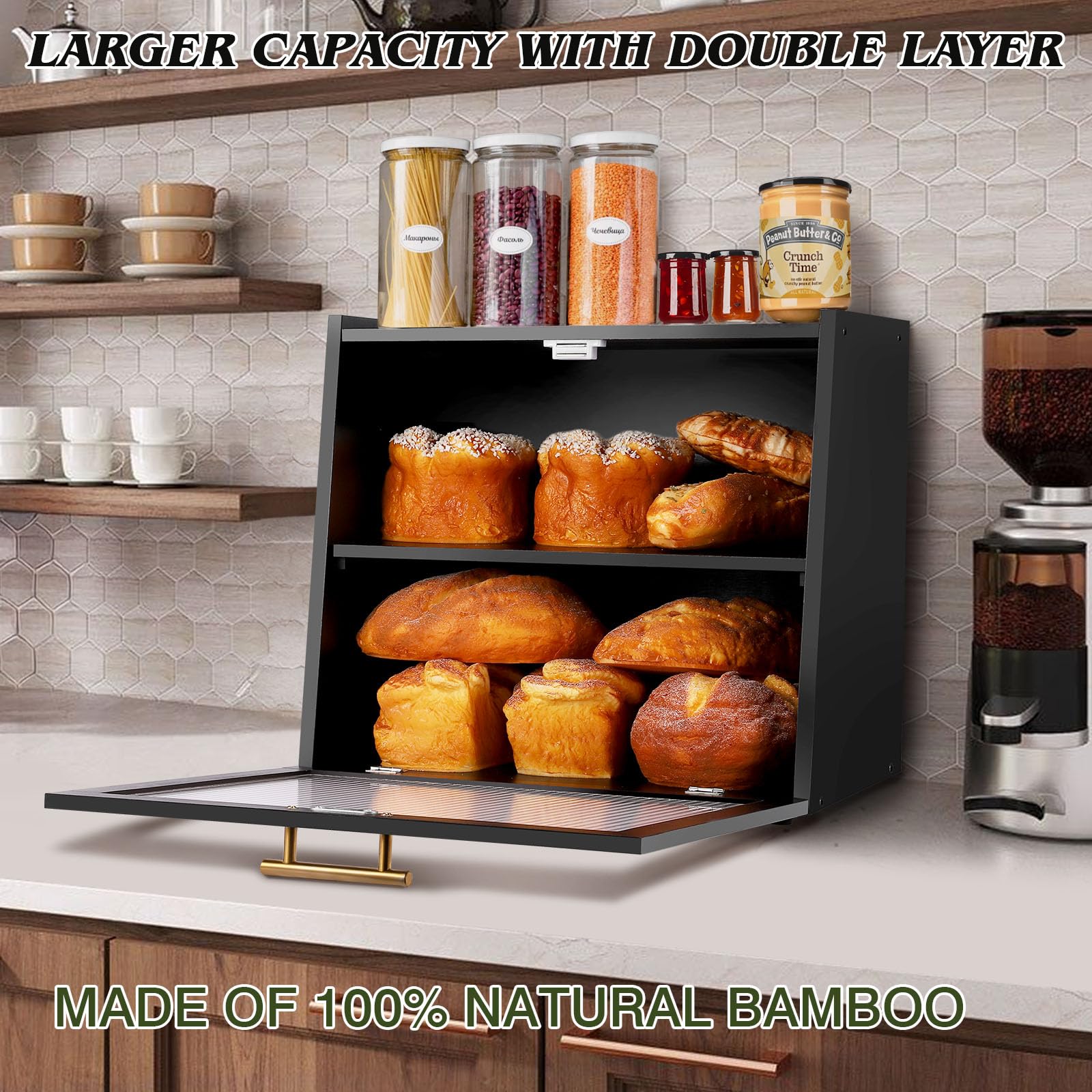 Joyvilla Double Layer Bamboo Bread Box for Kitchen Countertop, Bread Storage Container, Black Bread Box with Window, Large Capacity