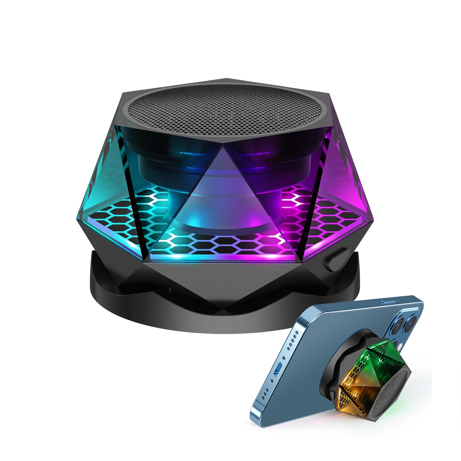 EGKimBa Magnetic Diamond Bluetooth Speaker, Small Wireless Speaker with Multi RGB Color Light Show, Portable Phone Stand for iPhone, Android, TWS Pairing