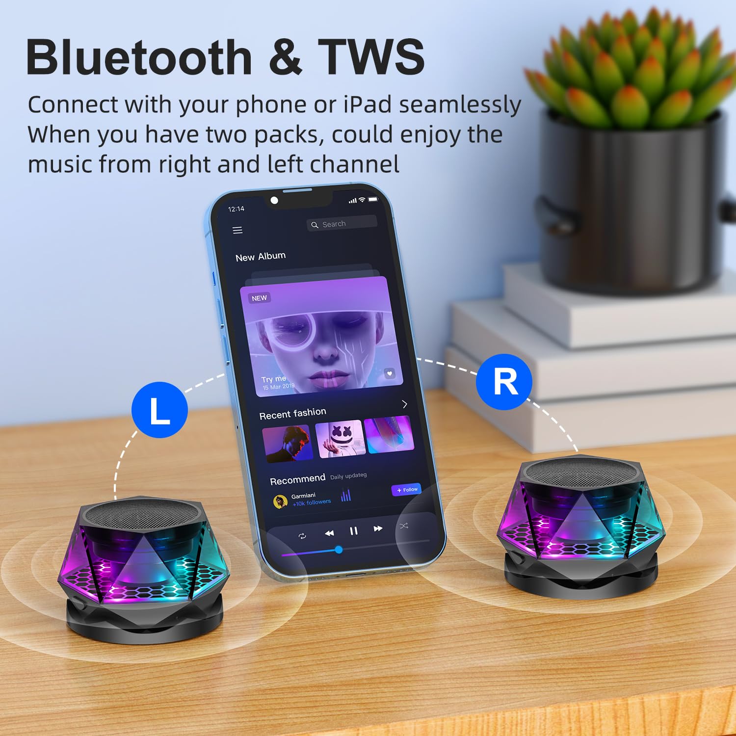 EGKimBa Magnetic Diamond Bluetooth Speaker, Small Wireless Speaker with Multi RGB Color Light Show, Portable Phone Stand for iPhone, Android, TWS Pairing