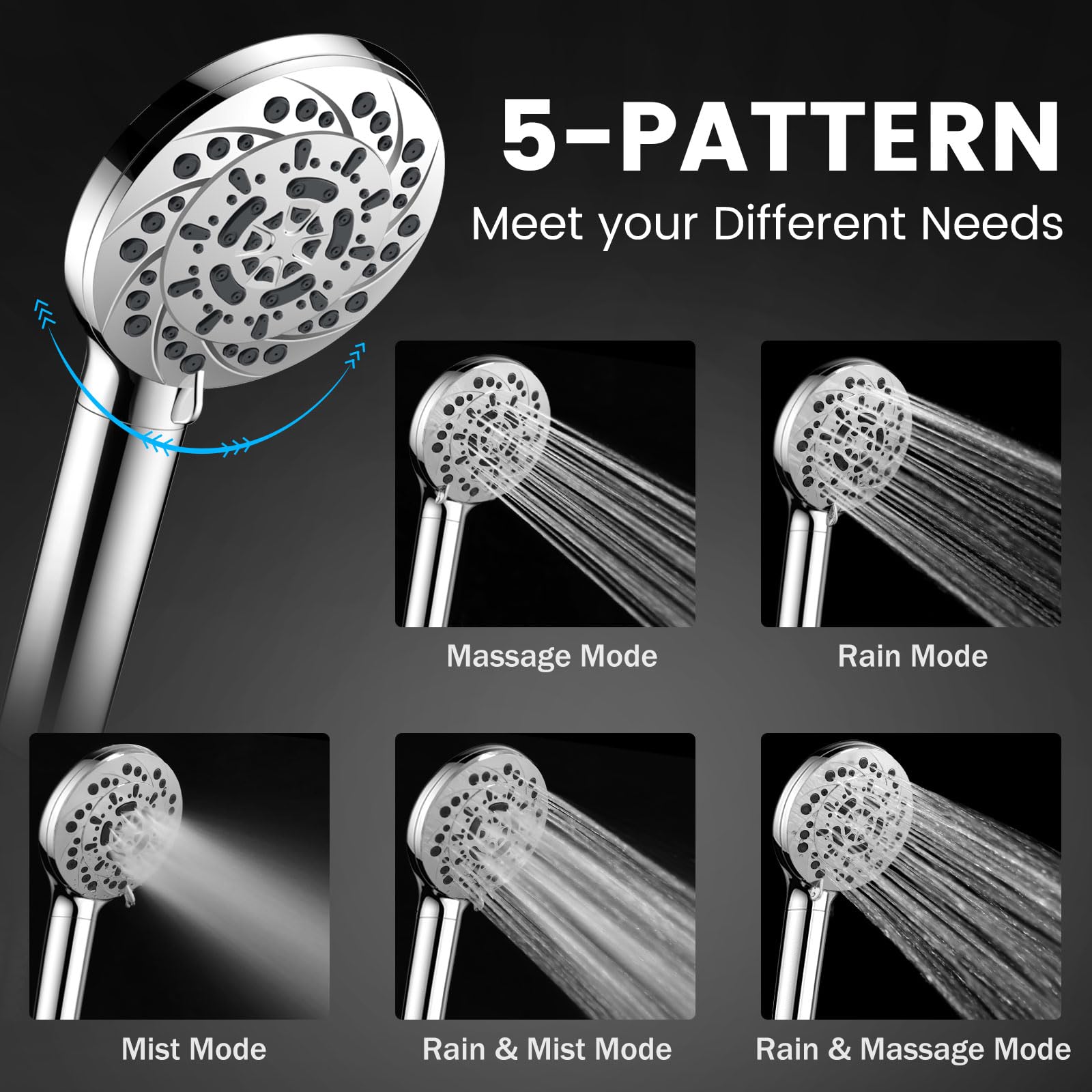 Vatex Filtered Shower Head with Handheld, High Pressure 5 Spray Modes Showerhead with Hose, Bracket and 15 Stages Water Softener Filters Beads for Hard Water Remove Chlorine and Harmful Substance