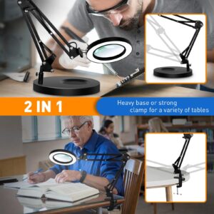 KMDES Magnifying Glass with Light and Stand, 10X Real Glass LED Magnifying Lamp, 3 Color Modes 10 Level Dimmable Lighted Magnifying Glass, 2-in-1 Magnifier Desk Lamp & Clamp for Reading Crafts Repair