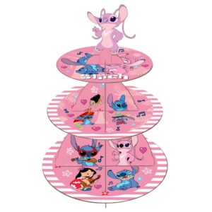 stitch birthday decorations, 3 tier pink cake stands for party, lilo and stitch party supplies cupcake holder, boys girls birthday baby shower party supplies