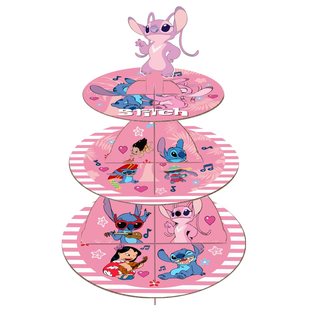 Stitch Birthday Decorations, 3 Tier Pink Cake Stands for Party, Lilo and Stitch Party Supplies Cupcake Holder, Boys Girls Birthday Baby Shower Party Supplies