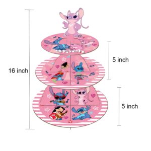 Stitch Birthday Decorations, 3 Tier Pink Cake Stands for Party, Lilo and Stitch Party Supplies Cupcake Holder, Boys Girls Birthday Baby Shower Party Supplies