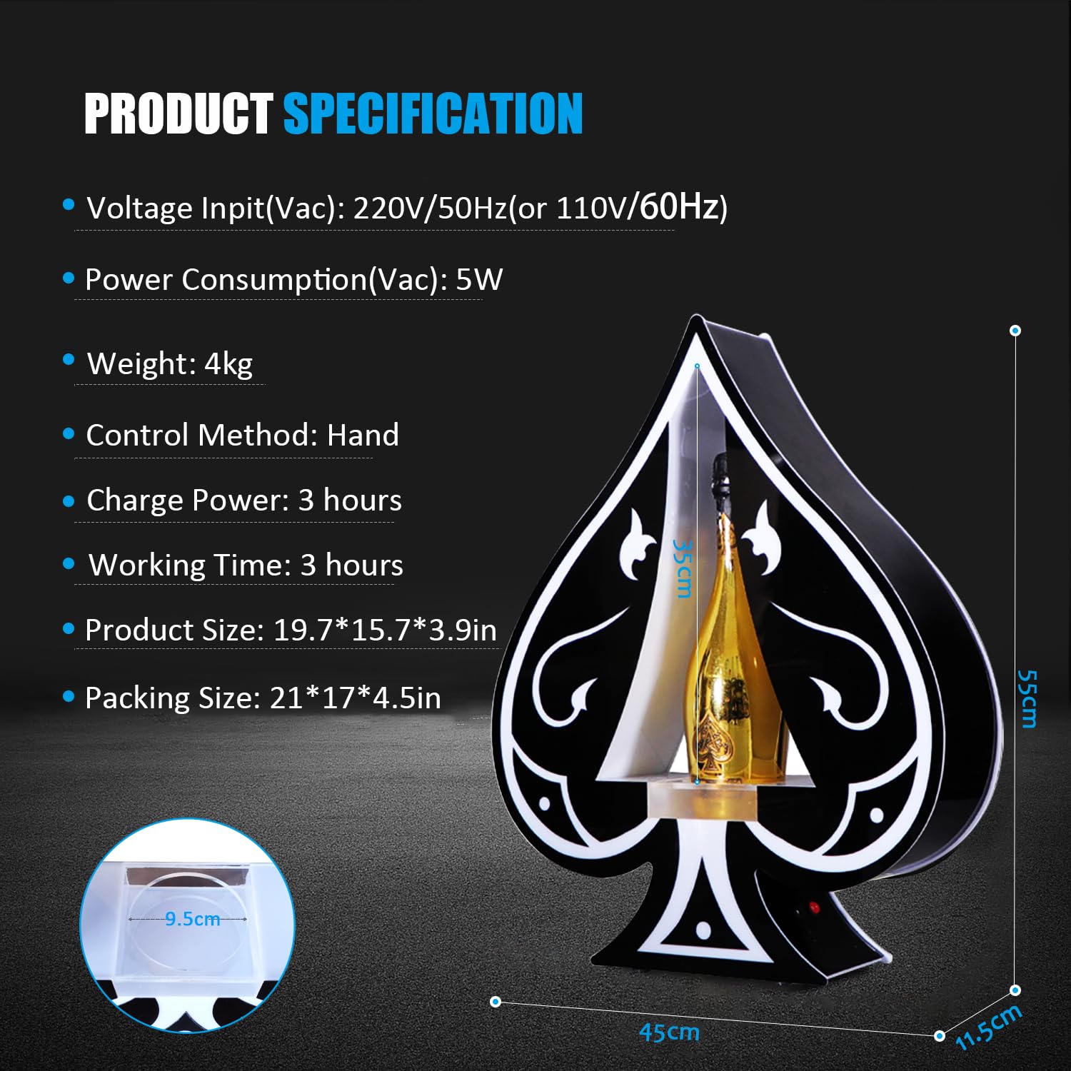 ZYLZHMCH LED Bottle Display Shelf, Ace of Spade Champagne Bottle Presenter Gradient Color and 7 Color Light Modes Flashing Shimmering Bottle Sparklers