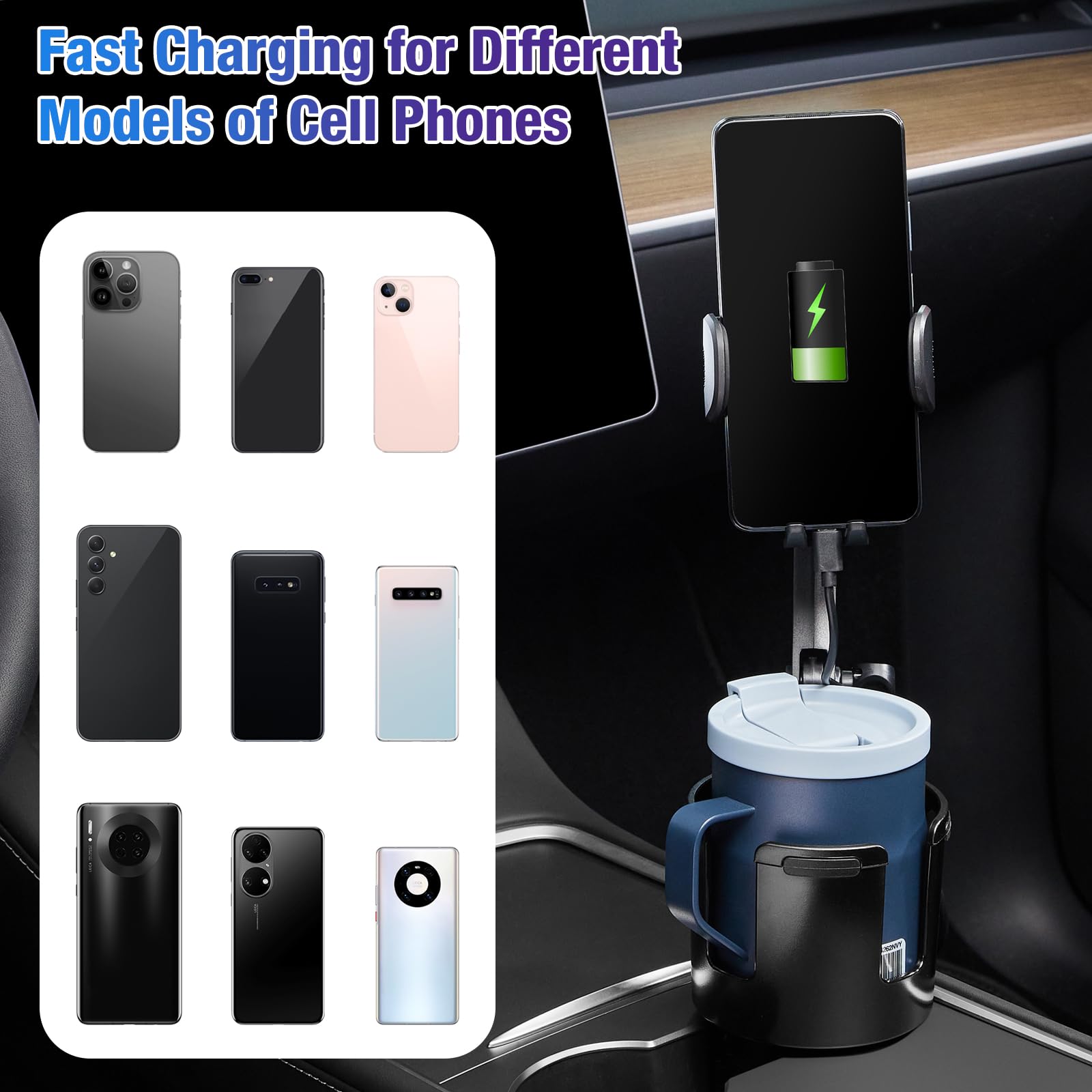 THIS HILL 3-in-1 Car Wireless Charger Cup Holder, Upgrade 15W Charging, Car Cup Holder Phone Mount with Adjustable Base & 360° Rotation Compatible for All Smartphones(with Car Adapter)