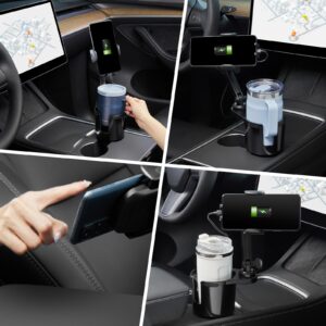 THIS HILL 3-in-1 Car Wireless Charger Cup Holder, Upgrade 15W Charging, Car Cup Holder Phone Mount with Adjustable Base & 360° Rotation Compatible for All Smartphones(with Car Adapter)