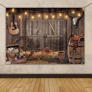 OurWarm 7x5FT Western Cowboy Backdrop Party Decorations Wild West Rodeo Decor Rustic House Barn Photography Props Background Theme Party Supplies for Kids Birthday Banner Photo Booth