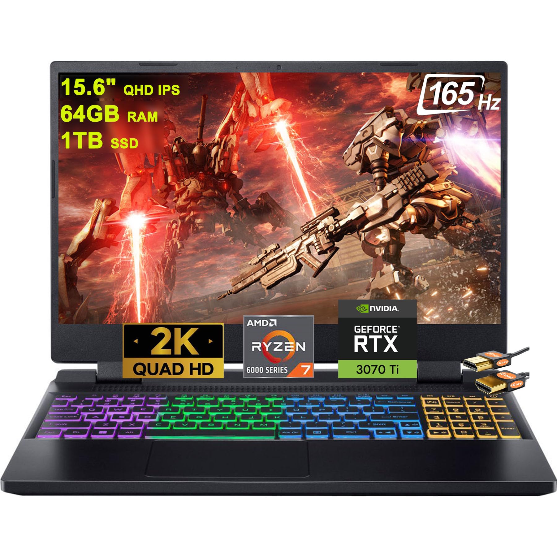 Acer Nitro 5 15 Gaming Laptop 15.6" QHD IPS 165Hz Display AMD Octa-core Ryzen 7 6800H (Beat i7-11370H) 64GB RAM 1TB SSD GeForce RTX3070Ti 8GB Graphic RGB Backlit HDMI USB-C Win11Pro Black + HDMI Cable